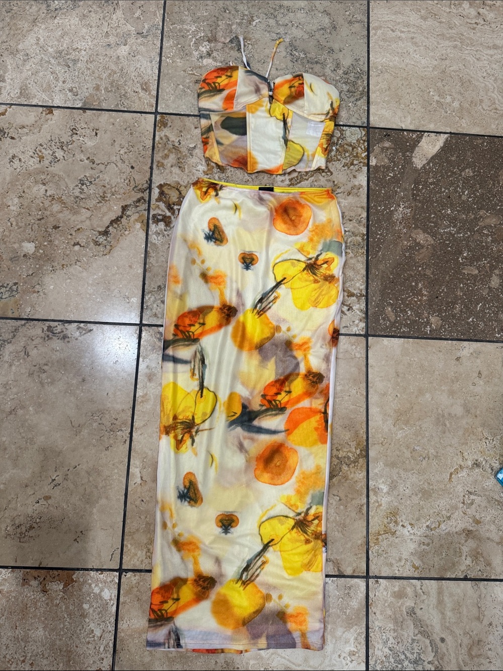 Yellow Orange Floral Two-Piece Crop Top and Maxi Skirt Set